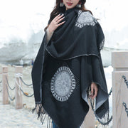 Buddha Stones Tibetan Geometric Round Mandala Pattern Tassels Shawl Fall Winter Cozy Scarf Wrap With Pockets Tibetan Shawl BS 7