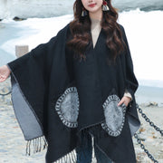 Buddha Stones Tibetan Geometric Round Mandala Pattern Tassels Shawl Fall Winter Cozy Scarf Wrap With Pockets