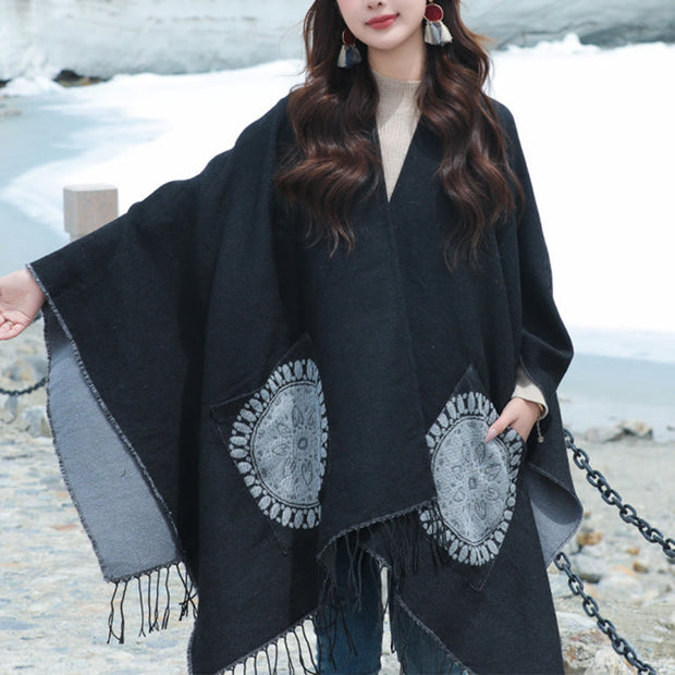 Buddha Stones Tibetan Geometric Round Mandala Pattern Tassels Shawl Fall Winter Cozy Scarf Wrap With Pockets Tibetan Shawl BS 8