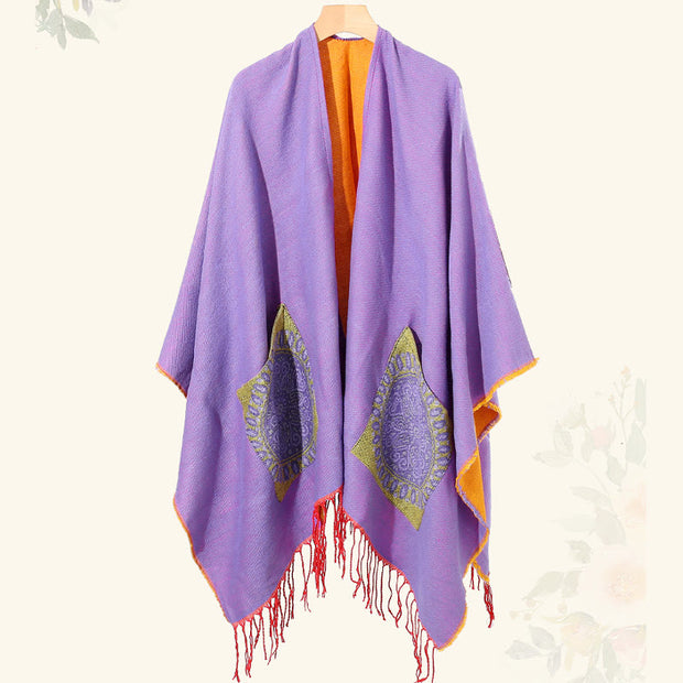 Buddha Stones Tibetan Geometric Round Mandala Pattern Tassels Shawl Fall Winter Cozy Scarf Wrap With Pockets Tibetan Shawl BS 45