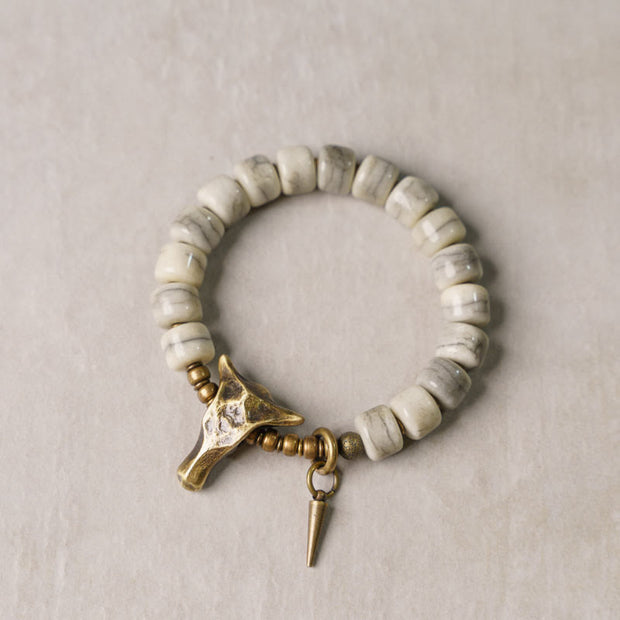 Buddha Stones White Yak Bone Copper Yak Head Cone Pendant Balance Bracelet Bracelet BS 11