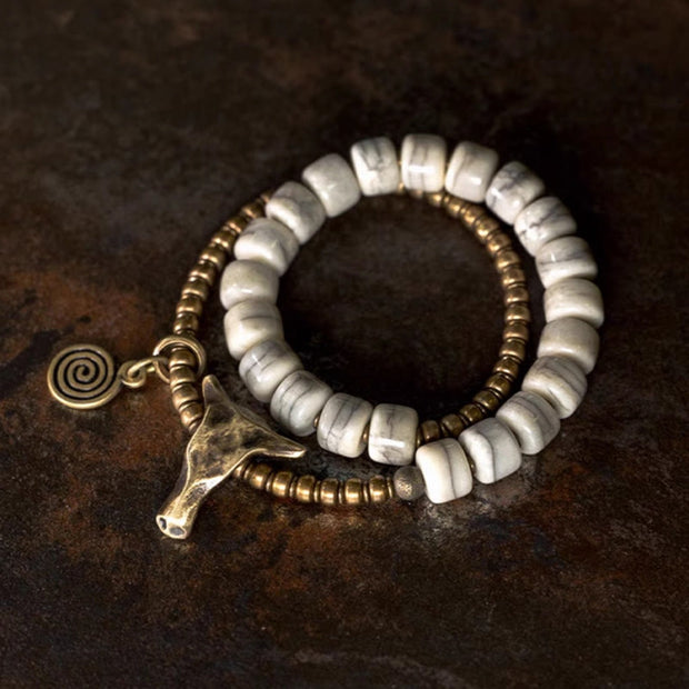 Buddha Stones White Yak Bone Copper Yak Head Double Wrap Balance Bracelet