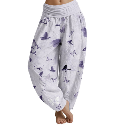 Buddha Stones Casual Butterfly Ink Painting Women's Elastic Waist Harem Pants