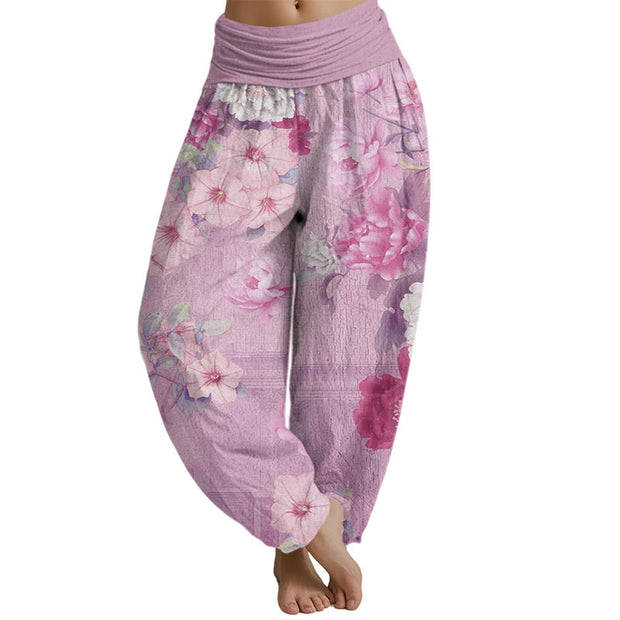 Buddha Stones Casual Peony Flower Women's Elastic Waist Harem Pants