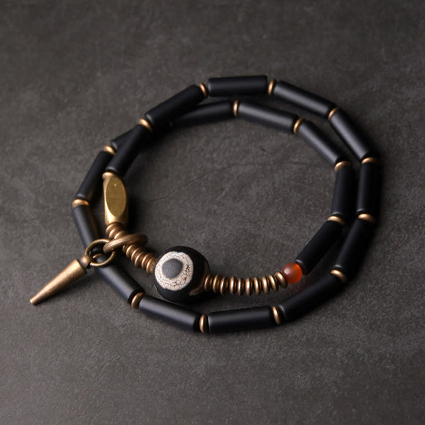 Buddha Stones Black Onyx Copper Dzi Bead Cone Pendant Double Wrap Protection Bracelet Bracelet BS Black Onyx Copper Dzi Bead(Wrist Circumference: 17-17.5cm)