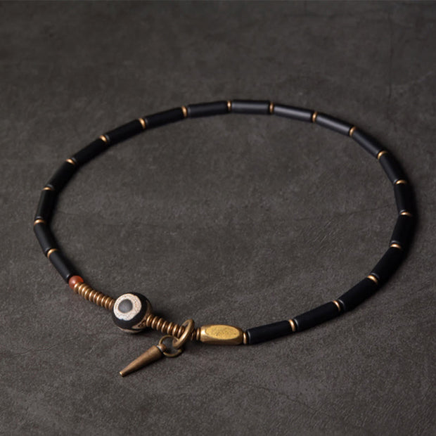 Buddha Stones Black Onyx Copper Dzi Bead Cone Pendant Double Wrap Protection Bracelet