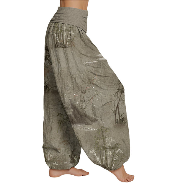 Buddha Stones Casual Bamboo Rock Ink Painting Women's Elastic Waist Harem Pants