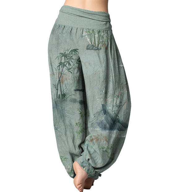 Buddha Stones Casual Bamboo Rock Ink Painting Women's Elastic Waist Harem Pants