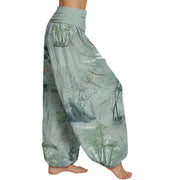 Buddha Stones Casual Bamboo Rock Ink Painting Women's Elastic Waist Harem Pants