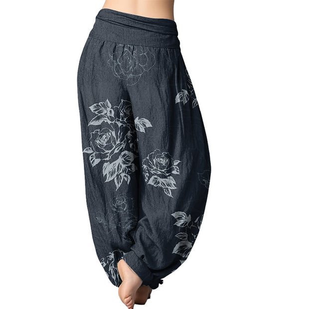 Buddha Stones Casual Rose Peony Flowers Women's Elastic Waist Harem Pants