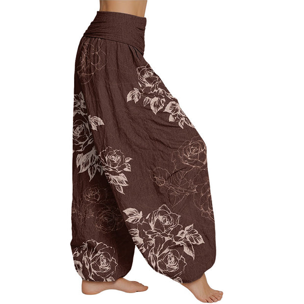 Buddha Stones Casual Rose Peony Flowers Women's Elastic Waist Harem Pants