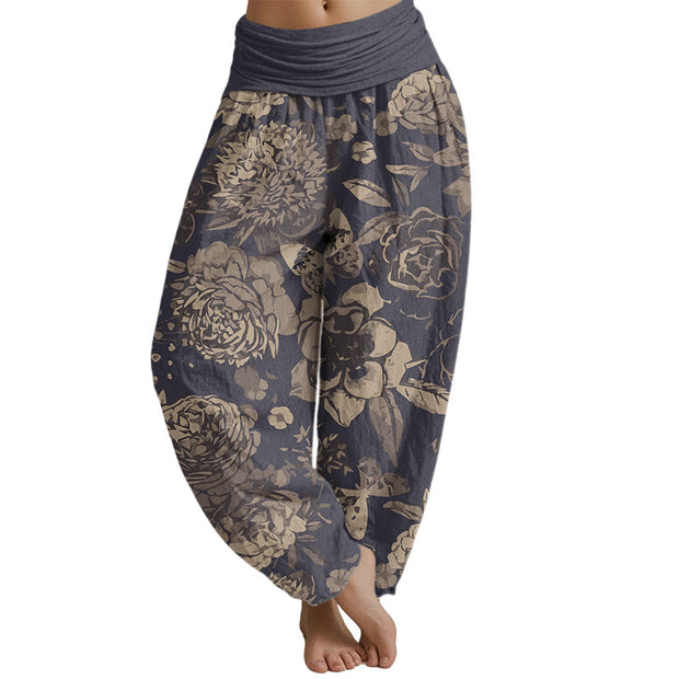 Buddha Stones Casual Peony Flowers Leaves Women's Elastic Waist Harem Pants