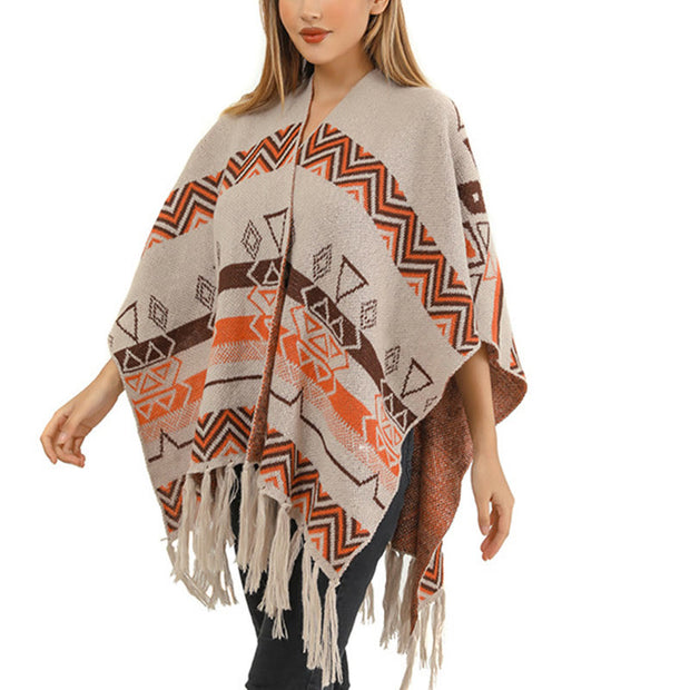 Buddha Stones Tibetan Wave Stripe Geometry Tassels Shawl Fall Winter Cozy Scarf Wrap