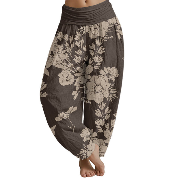 Buddha Stones Casual Peony Flowers Leaves Women's Elastic Waist Harem Pants