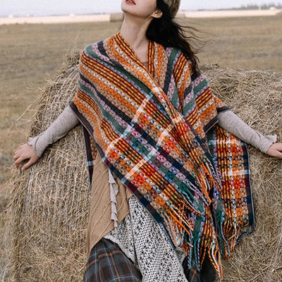 Buddha Stones Tibetan Colorful Stripe Geometry Tassels Shawl Fall Winter Soft Scarf Wrap Tibetan Shawl BS Peru 130*150cm