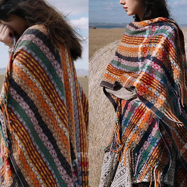 Buddha Stones Tibetan Colorful Stripe Geometry Tassels Shawl Fall Winter Soft Scarf Wrap Tibetan Shawl BS 14