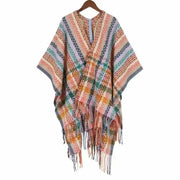 Buddha Stones Tibetan Colorful Stripe Geometry Tassels Shawl Fall Winter Soft Scarf Wrap Tibetan Shawl BS Coral 130*150cm