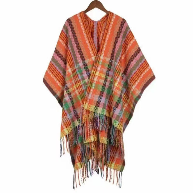 Buddha Stones Tibetan Colorful Stripe Geometry Tassels Shawl Fall Winter Soft Scarf Wrap Tibetan Shawl BS DarkOrange 130*150cm