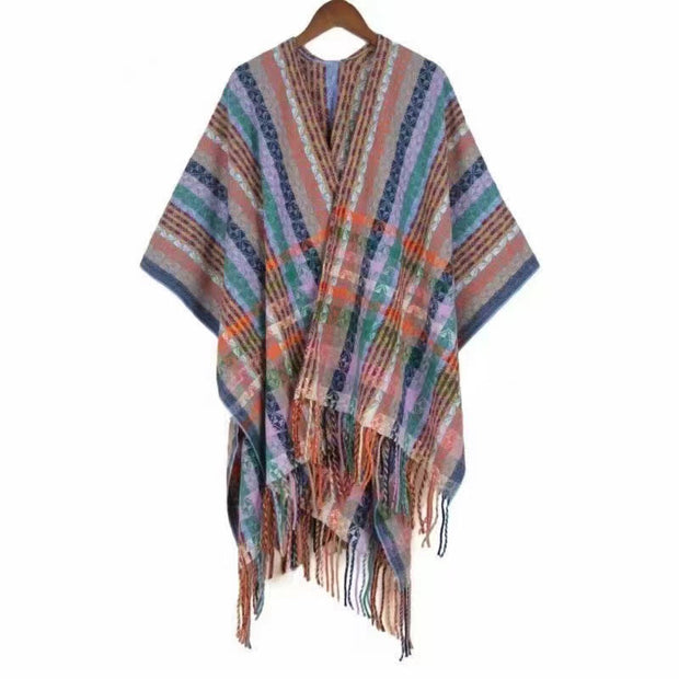 Buddha Stones Tibetan Colorful Stripe Geometry Tassels Shawl Fall Winter Soft Scarf Wrap Tibetan Shawl BS Plum 130*150cm