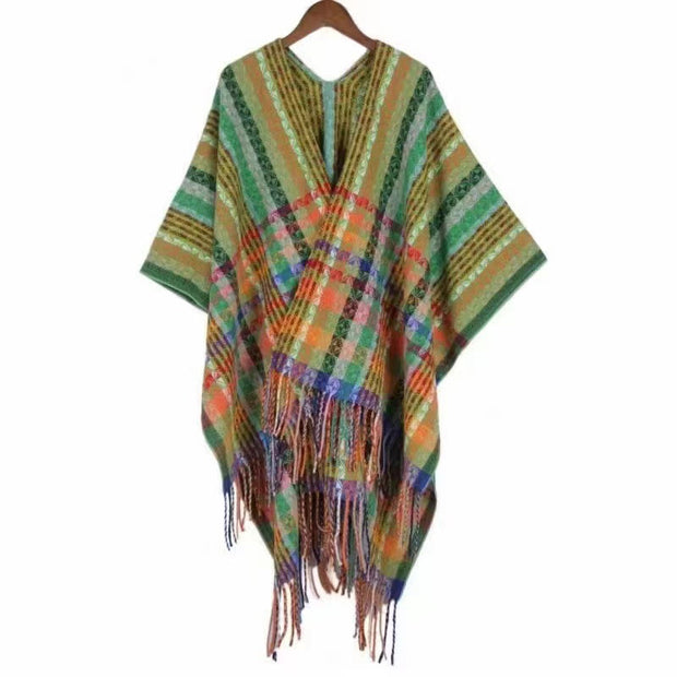 Buddha Stones Tibetan Colorful Stripe Geometry Tassels Shawl Fall Winter Soft Scarf Wrap Tibetan Shawl BS LightGreen 130*150cm