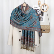 Buddha Stones Tibetan Cashew Flower Vine Print Tassels Shawl Fall Winter Soft Scarf Wrap Tibetan Shawl BS Cyan 180*70cm