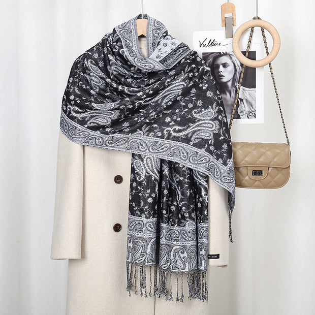 Buddha Stones Tibetan Cashew Flower Vine Print Tassels Shawl Fall Winter Soft Scarf Wrap Tibetan Shawl BS Black Gray 180*70cm