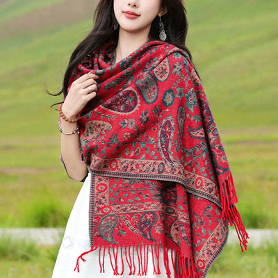 Buddha Stones Tibetan Cashew Flowers Leaves Vine Tassels Shawl Fall Winter Soft Cozy Scarf Wrap Tibetan Shawl BS Red 70*180cm