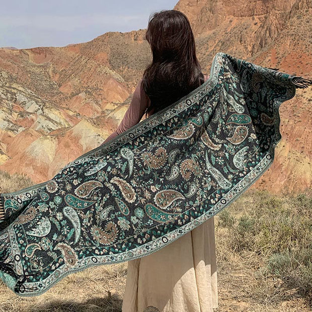 Buddha Stones Tibetan Cashew Flowers Leaves Vine Tassels Shawl Fall Winter Soft Cozy Scarf Wrap Tibetan Shawl BS 35