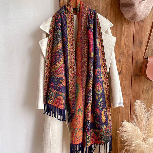 Buddha Stones Tibetan Cashew Peony Flowers Vine Tassels Shawl Fall Winter Cozy Scarf Wrap Tibetan Shawl BS 4