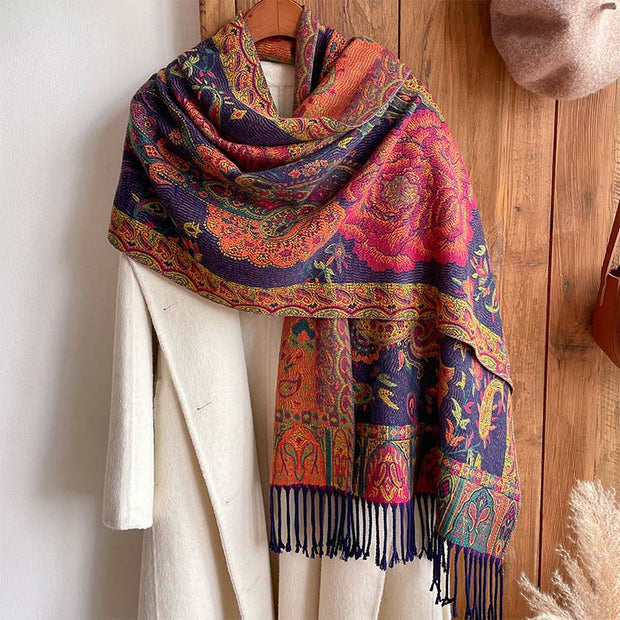 Buddha Stones Tibetan Cashew Peony Flowers Vine Tassels Shawl Fall Winter Cozy Scarf Wrap Tibetan Shawl BS 3