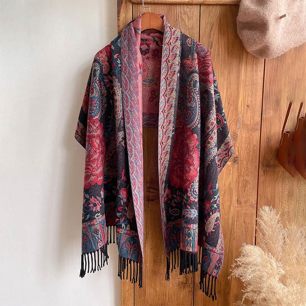 Buddha Stones Tibetan Cashew Peony Flowers Vine Tassels Shawl Fall Winter Cozy Scarf Wrap Tibetan Shawl BS 12