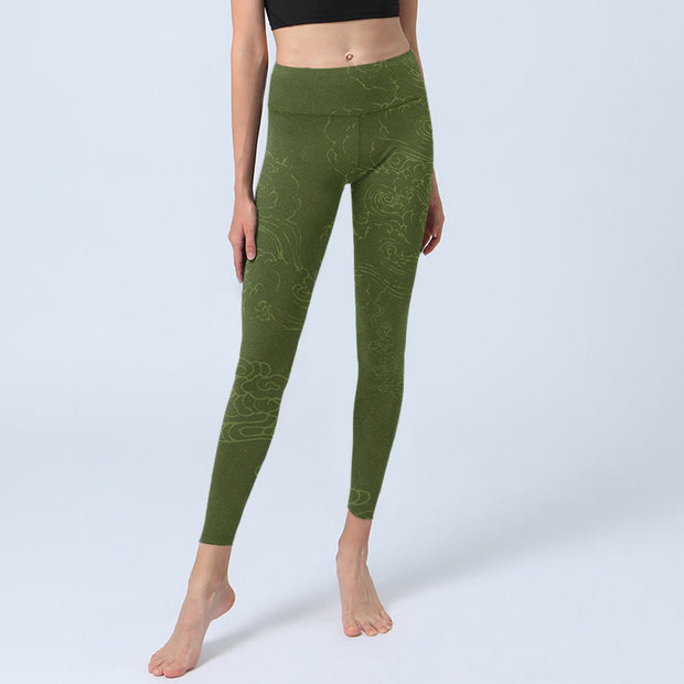 Buddha Stones Green Auspicious Cloud Waves Print Gym Leggings Women's Yoga Pants - image 6