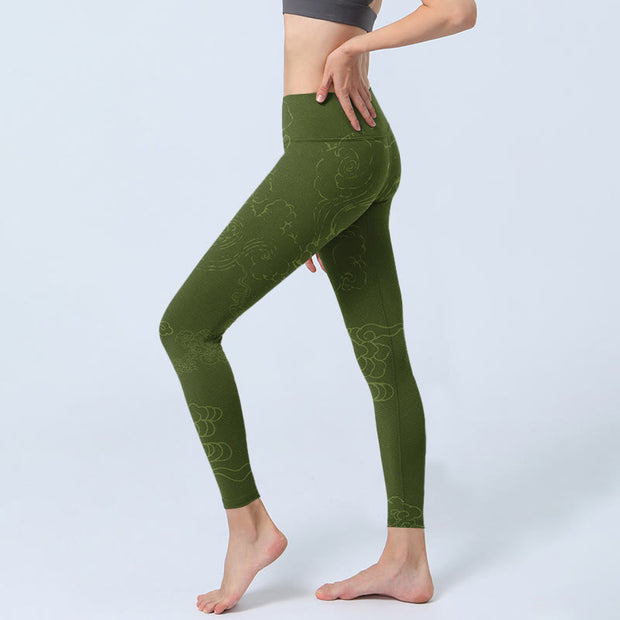 Buddha Stones Green Auspicious Cloud Waves Print Gym Leggings Women's Yoga Pants