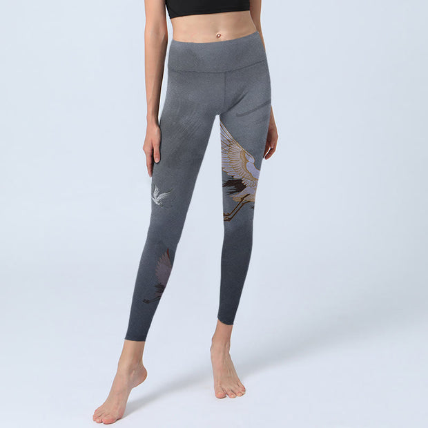 Buddha Stones Auspicious White Crane Pine Tree Print Gym Leggings Women's Yoga Pants - image 6