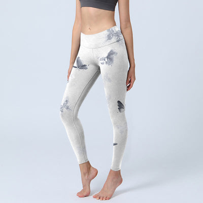 Buddha Stones White Gray Butterfly Print Sports Leggings Women's Yoga Pants