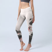 Buddha Stones Ink Painting Lotus Flower Leaf Print Gym Fitness Leggings Women's Yoga Pants - WhiteSmoke - US18，UK/AU22，EU50 (4XL) - image 1