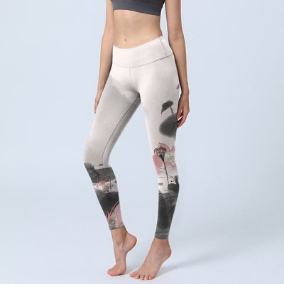 Buddha Stones Ink Painting Lotus Flower Leaf Print Gym Fitness Leggings Women's Yoga Pants - WhiteSmoke - US18，UK/AU22，EU50 (4XL) - image 1