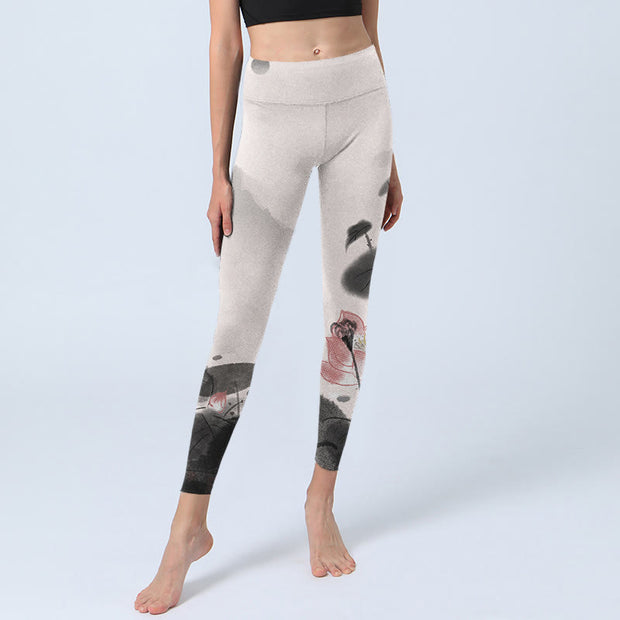 Buddha Stones Ink Painting Lotus Flower Leaf Print Gym Fitness Leggings Women's Yoga Pants - image 6