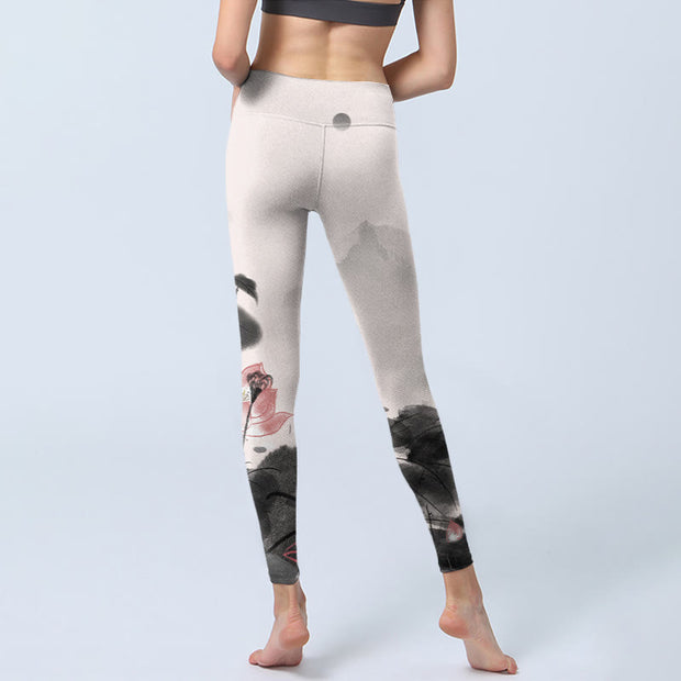 Buddha Stones Ink Painting Lotus Flower Leaf Print Gym Fitness Leggings Women's Yoga Pants - image 7
