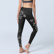 Buddha Stones Gray Peony Rose Flower Sketch Print Gym Fitness Leggings Women's Yoga Pants - image 5