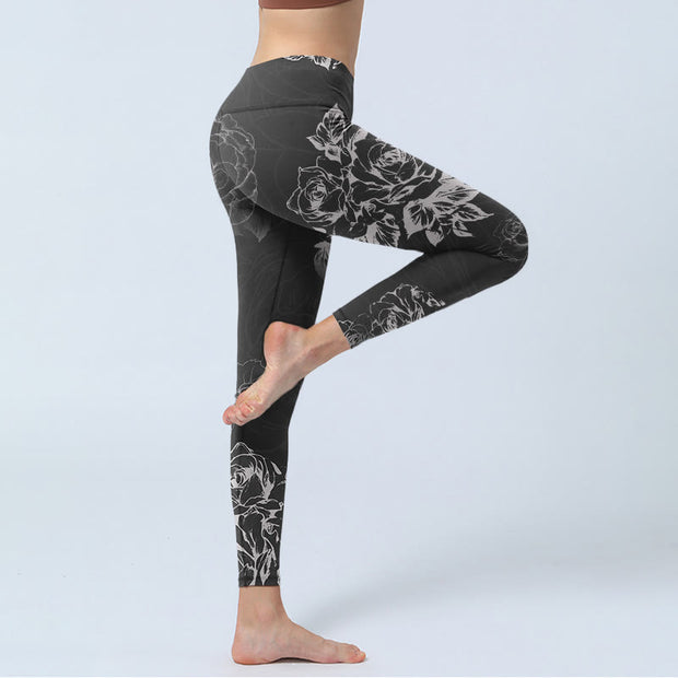 Buddha Stones Gray Peony Rose Flower Sketch Print Gym Fitness Leggings Women's Yoga Pants - image 4