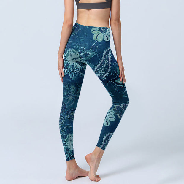 Buddha Stones Blue Flowers Print Sports Fitness Leggings Women's Yoga Pants - image 5