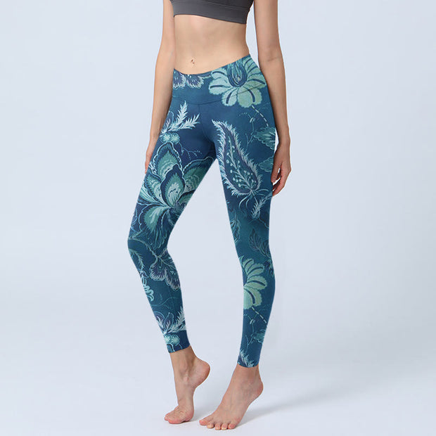Buddha Stones Blue Flowers Print Sports Fitness Leggings Women's Yoga Pants - SteelBlue - US18，UK/AU22，EU50 (4XL) - image 1