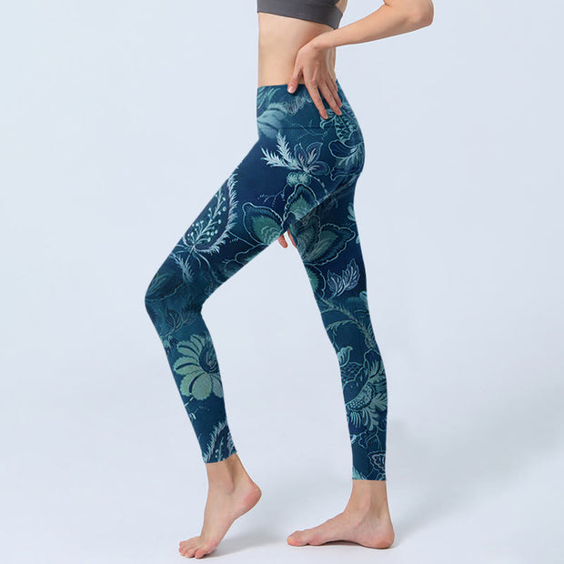 Buddha Stones Blue Flowers Print Sports Fitness Leggings Women's Yoga Pants