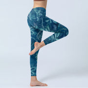 Buddha Stones Blue Flowers Print Sports Fitness Leggings Women's Yoga Pants