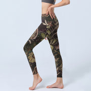 Buddha Stones Olive Florals Print Sports Fitness Leggings Women's Yoga Pants