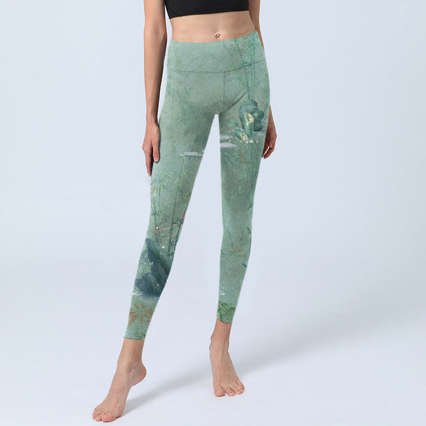 Buddha Stones Green Bamboo Rocks Print Sports Fitness Leggings Women's Yoga Pants