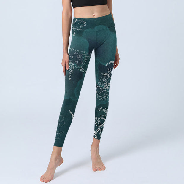 Buddha Stones Peony Flower Magpie Butterfly Print Gym Fitness Leggings Women's Yoga Pants - image 6