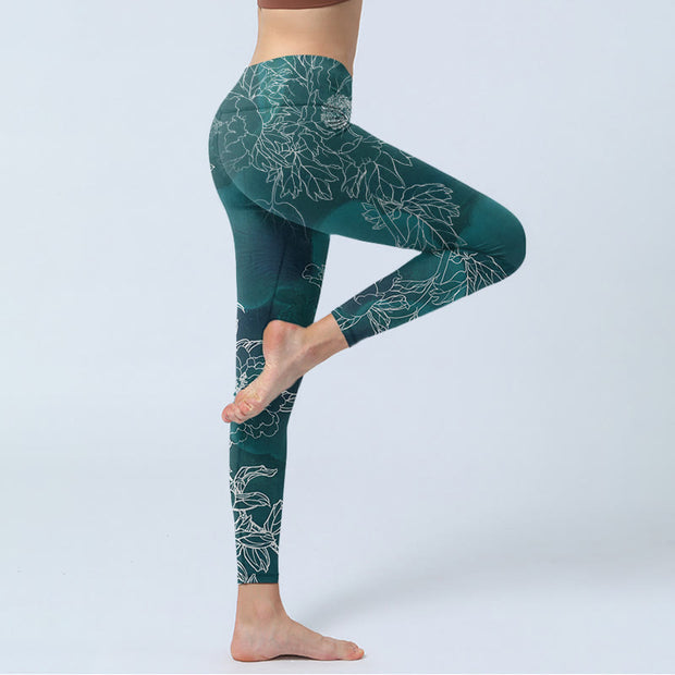Buddha Stones Peony Flower Magpie Butterfly Print Gym Fitness Leggings Women's Yoga Pants - image 4