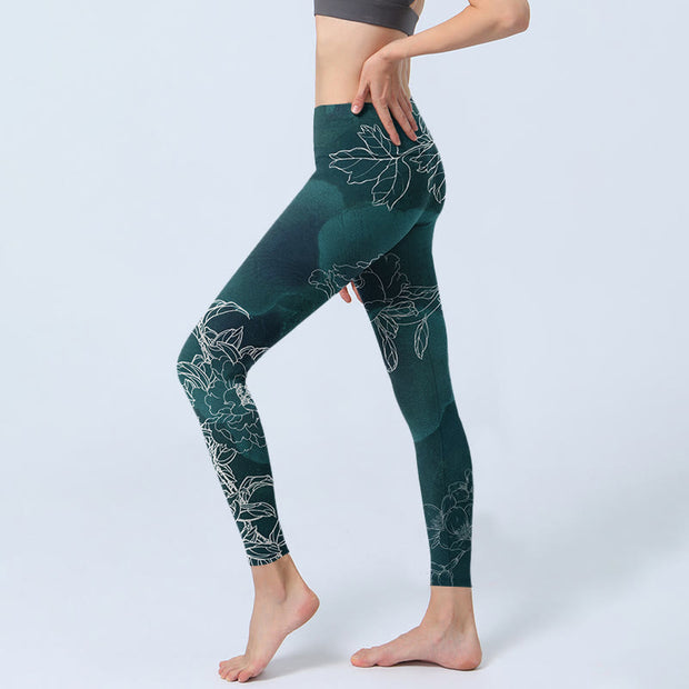 Buddha Stones Peony Flower Magpie Butterfly Print Gym Fitness Leggings Women's Yoga Pants - image 3